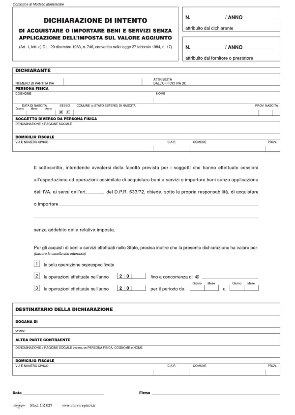 CR027 Dichiarazione di intento esenzione IVA Meccanografico | Cierre