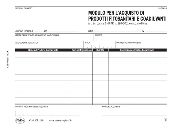 CR240-2 Blocco acquisto prodotti fitosanitari e coadiuvanti | Cierre
