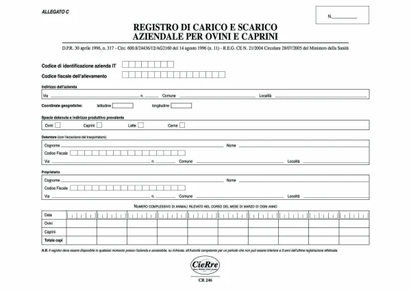 CR246-2 Registro Aziendale Carico/Scarico Ovini e Caprini | Cierre