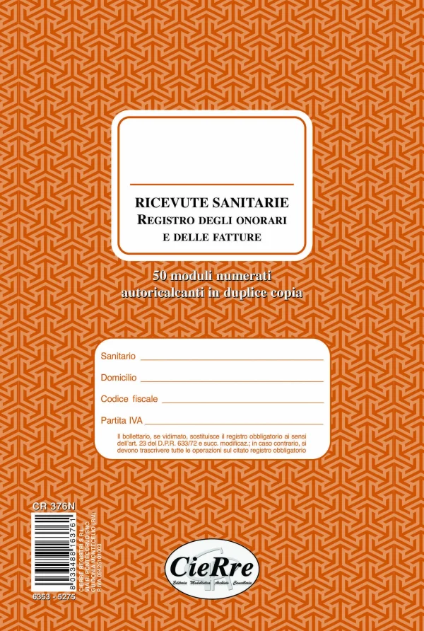 CR376N Blocco 50 Fatture Sanitarie numerate | Cierre