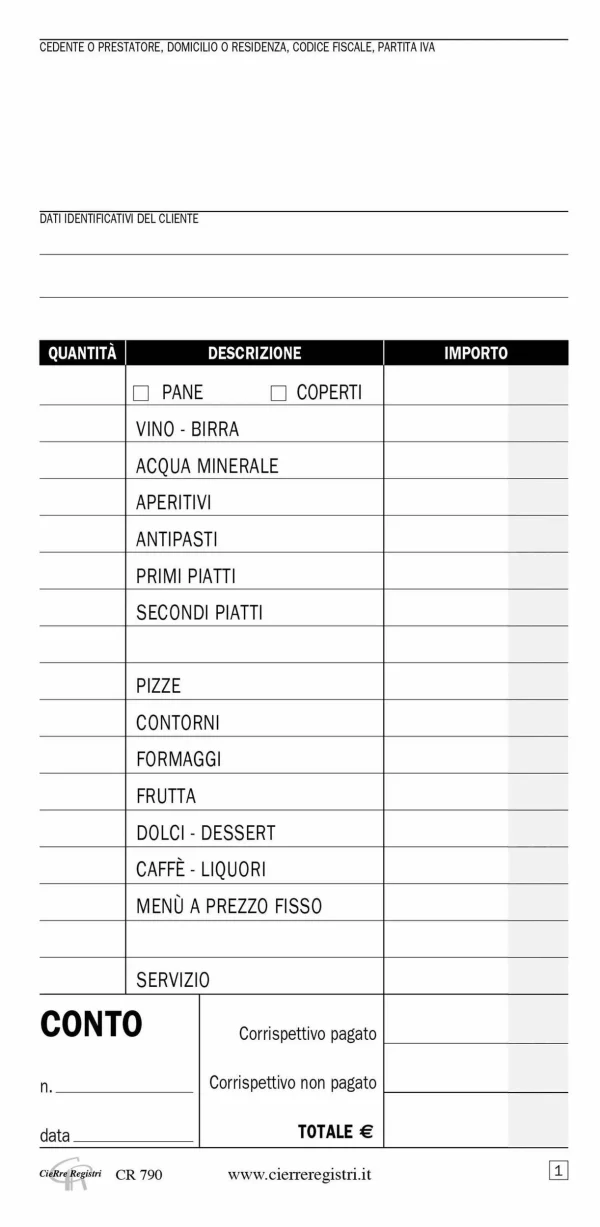 CR790-2 Conto Ristorante/Pizzeria con dettaglio voci a 2 copie | Cierre