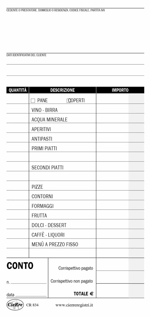 CR834_1 Conto Ristorante/Pizzeria con dettaglio voci | Cierre