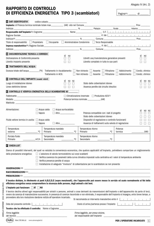 CR846 Rapporto di controllo di efficienza energetica Tipo 3 (Scambiatori) | Cierre