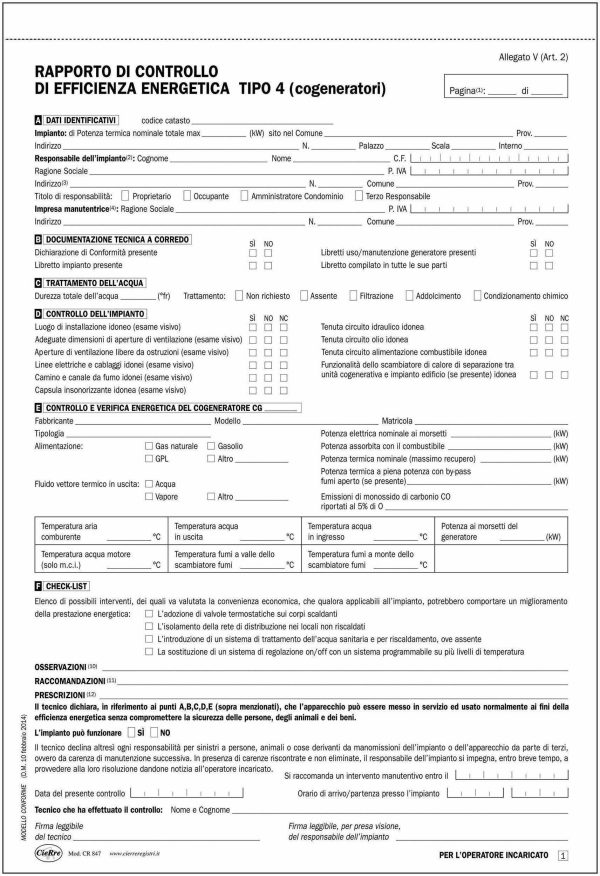 CR847 Rapporto di controllo di efficienza energetica Tipo 4 (Cogeneratori) | Cierre