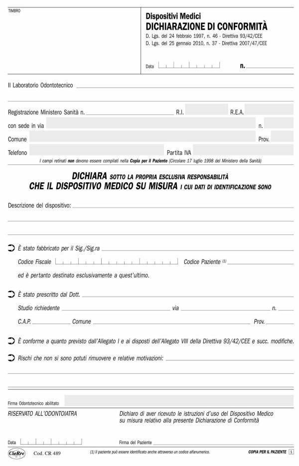 CR489-2 Blocco dichiarazione di conformità dispositivi medici | Cierre