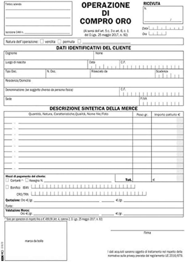 e9170 Scheda operazioni compro oro | EdiPro